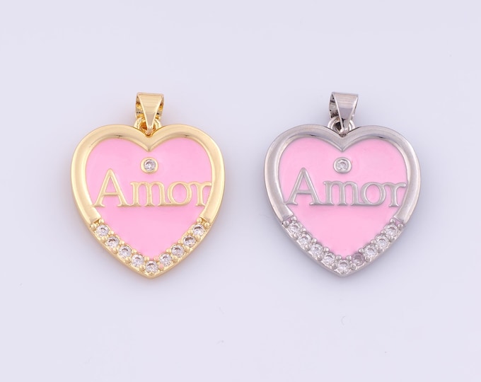 1 pcs Gold Enamel Amor Pendant,18K Gold Filled Heart Charm,CZ Letter Charms DIY Bracelet Necklace Jewelry Making Findings Supply