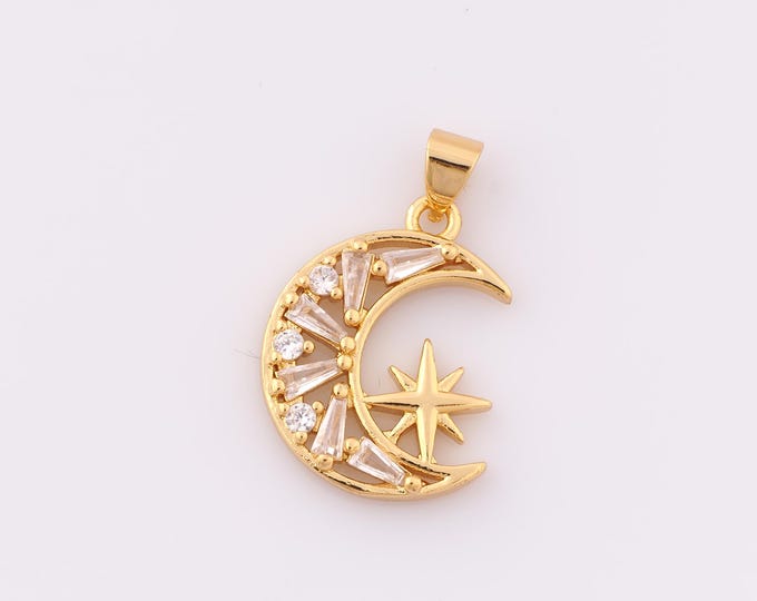 1 pcs Gold CZ Moon Pendant,18K Gold Filled Star Charm,Moon Charm DIY Bracelet Necklace Jewelry Making Findings Supply