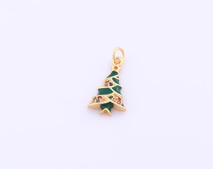 1 pcs Enamel Christmas Tree Pendant,18K Gold Filled Tree Charm,CZ Christmas Charms DIY Bracelet Necklace Jewelry Making Findings Supply