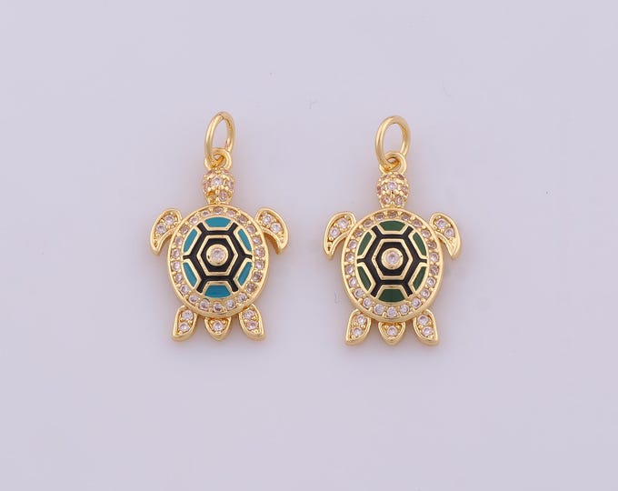 1 pcs Gold Enamel Turtle Pendant,18K Gold Filled Animal Charm,CZ Turtle Charms DIY Bracelet Necklace Jewelry Making Findings Supply