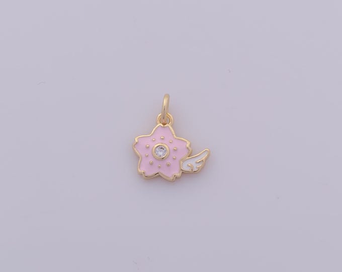 1 pcs Gold Enamel Cherry Blossom Pendant,18K Gold Filled Wings Charm,CZ Flower Charms DIY Bracelet Necklace Jewelry Making Finding Supply