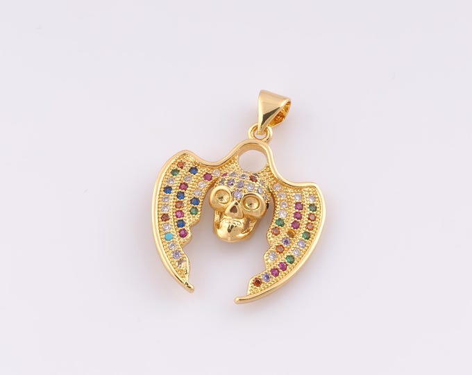 1 pcs Gold CZ Skull Pendant,18K Gold Filled Devil Charm Wing Charms,DIY Bracelet Necklace Jewelry Making Findings Supply