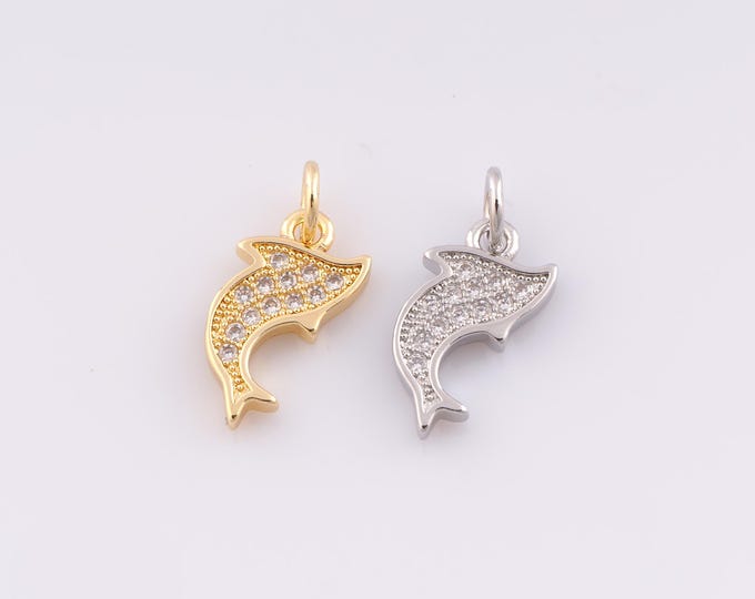 1 pcs Gold CZ Dolphin Pendant,18K Gold Filled Marine Life Charm,Dolphin Charms,DIY Bracelet Necklace Jewelry Making Findings Supply