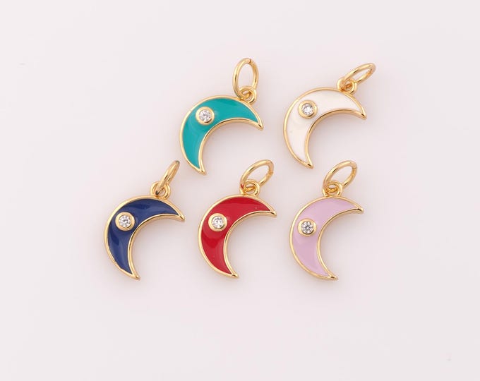 1 pcs Gold CZ Moon Pendant,18K Gold Filled Moon Charm,Enamel Moon Charm DIY Bracelet Necklace Jewelry Making Findings Supply