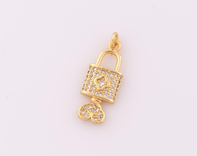 1 pcs Gold CZ Lock Pendant,18K Gold Filled Key Charm,Heart Charm DIY Bracelet Necklace Jewelry Making Findings Supply