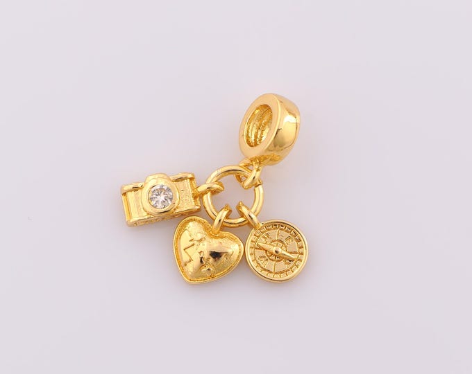 1 pcs Gold CZ Camera Pendant,18K Gold Filled Heart Charm,Compass Charm DIY Bracelet Necklace Jewelry Making Findings Supply