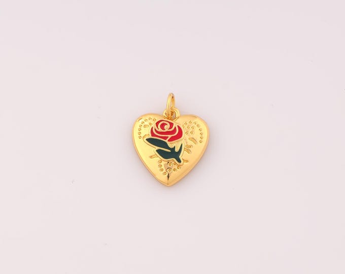 1 pcs Gold Enamel Heart Pendant,18K Gold Filled Red Rose Charm,Flower Charms DIY Bracelet Necklace Jewelry Making Findings Supply