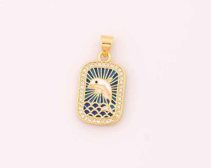 1 pcs Gold Enamel Dolphin Pendant,18K Gold Filled Animal Charm,CZ Dolphin Charms DIY Bracelet Necklace Jewelry Making Findings Supply