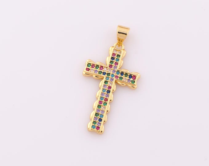 1 pcs Gold CZ Cross Pendant,18K Gold Filled Religion Charm,Christian Charm DIY Bracelet Necklace Jewelry Making Findings Supply