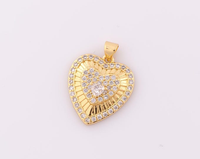 1 pcs Gold CZ Heart Pendant,18K Gold Filled Heart Charm,Heart Charm DIY Bracelet Necklace Jewelry Making Findings Supply