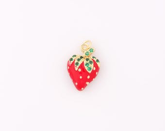 1 pcs Gold CZ Strawberry Pendant,18K Gold Filled Enamel Fruit Charm Strawberry Charms,DIY Bracelet Necklace Jewelry Making Findings Supply