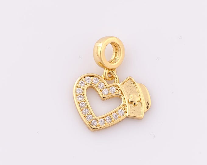 1 pcs Gold CZ Nurse Hat Pendant,18K Gold Filled Heart Charm,Nurse Hat Charm DIY Bracelet Necklace Jewelry Making Findings Supply