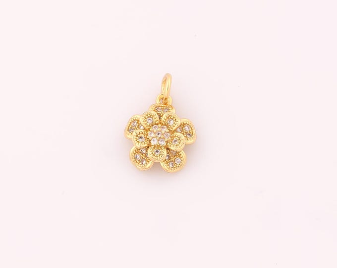 1 pcs Gold CZ Flower Pendant,18K Gold Filled Flower Charm,Flower Charms DIY Bracelet Necklace Jewelry Making Findings Supply