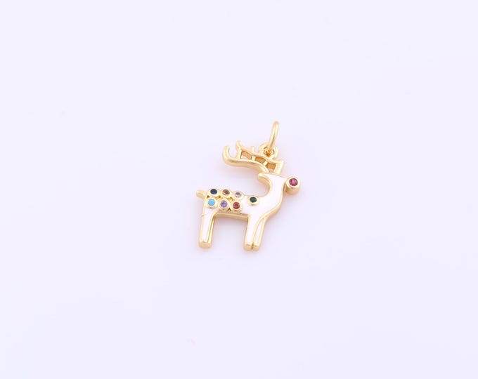 1 pcs Enamel Christmas Deer Pendant,18K Gold Filled Animal Charm,CZ Christmas Charms DIY Bracelet Necklace Jewelry Making Findings Supply