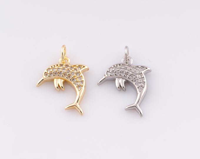 1 pcs Gold CZ Dolphin Pendant,18K Gold Filled Marine Life Charm,Dolphin Charms,DIY Bracelet Necklace Jewelry Making Findings Supply