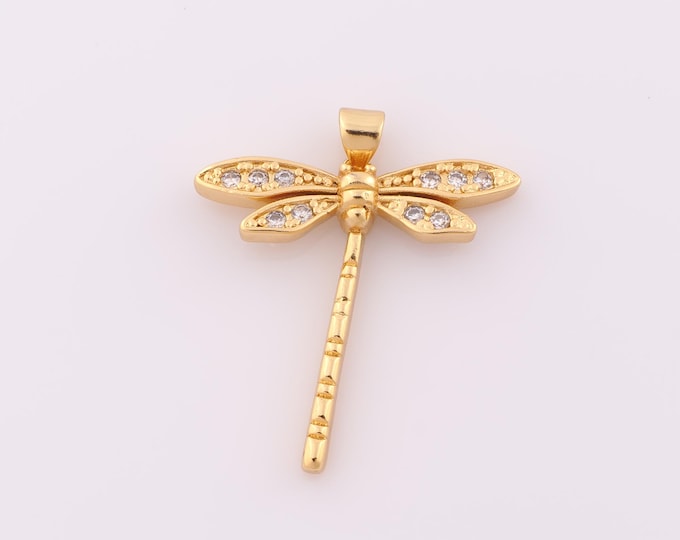 1 pcs Gold CZ Dragonfly Pendant,18K Gold Filled Dragonfly Charm,Dragonfly Charm DIY Bracelet Necklace Jewelry Making Findings Supply