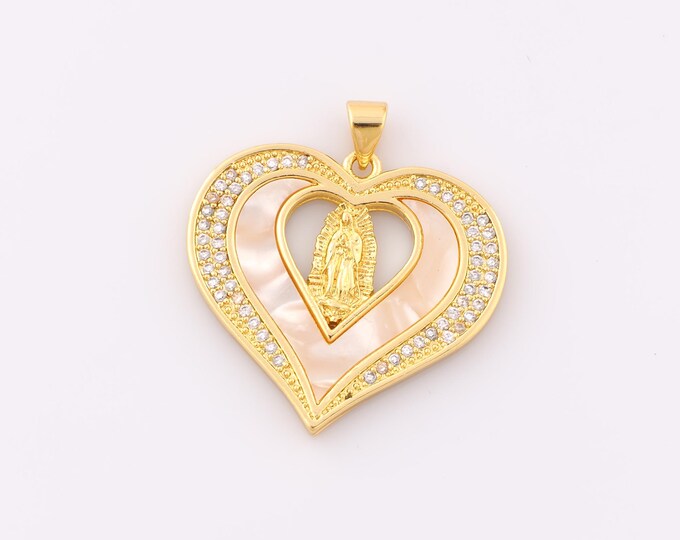1 pcs Gold CZ Virgin Mary Pendant,18K Gold Filled Religious Charm,Heart Charm DIY Bracelet Necklace Jewelry Making Findings Supply