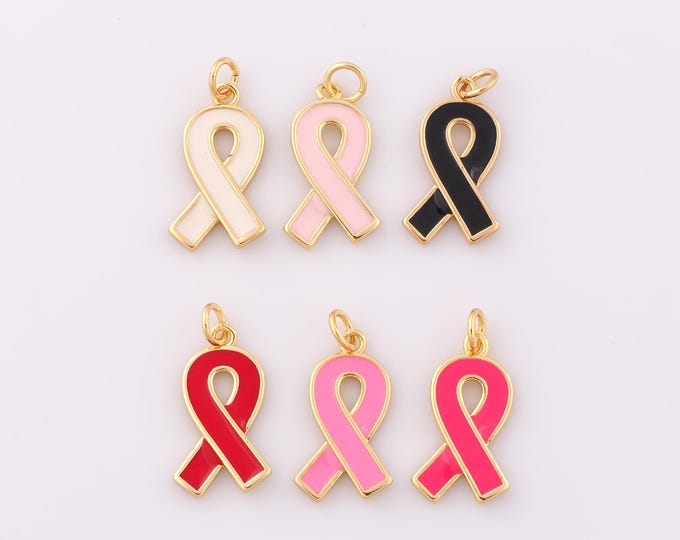 Gold Enamel Breast Cancer Awareness Silk Ribbon Pendant,18K Gold Filled Symbol Charm DIY Bracelet Necklace Jewelry Making Findings Supply