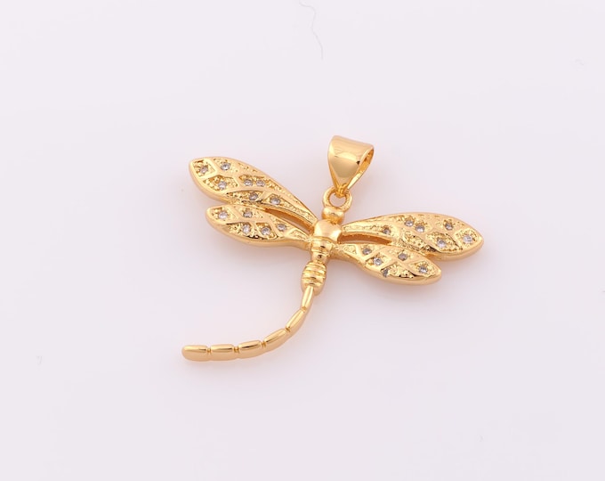1 pcs Gold CZ Dragonfly Pendant,18K Gold Filled Dragonfly Charm,Dragonfly Charm DIY Bracelet Necklace Jewelry Making Findings Supply