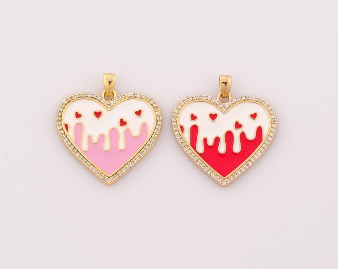 1 pcs Gold CZ Heart Pendant,18K Gold Filled Love Charm,Enamel Heart Charms DIY Bracelet Necklace Jewelry Making Findings Supply