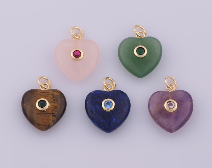 1 pcs Natural Stone Pendant,18K Gold Filled Energy Stone Charm,CZ Heart Gemstone Charms DIY Bracelet Necklace Jewelry Making Findings Supply