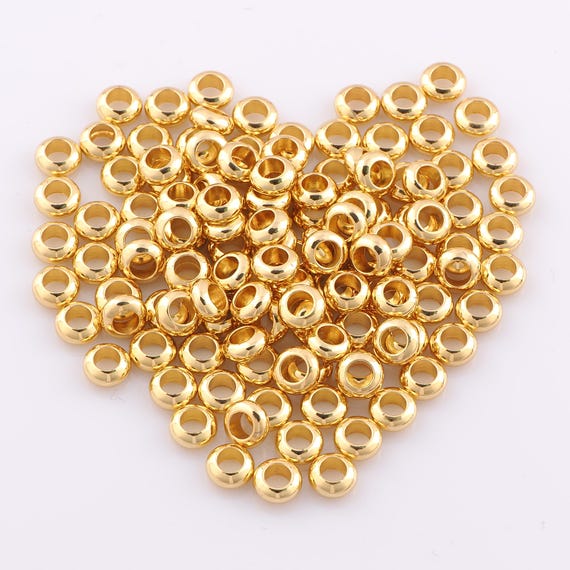 50 pcs 18K Gold Filled Round Flat Spacer Beads,Wheel Beads,Big Hole Beads for DIY Jewelry Making Findings Supply