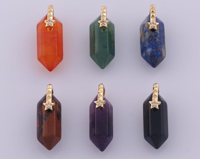 1 pcs Gold Natural Stone Pendant,18K Gold Filled Energy Stone Charm,CZ Gemstone Charms DIY Bracelet Necklace Jewelry Making Findings Supply