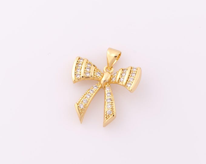 1 pcs Gold CZ Bow Pendant,18K Gold Filled Bow Charm,Bow Charm DIY Bracelet Necklace Jewelry Making Findings Supply