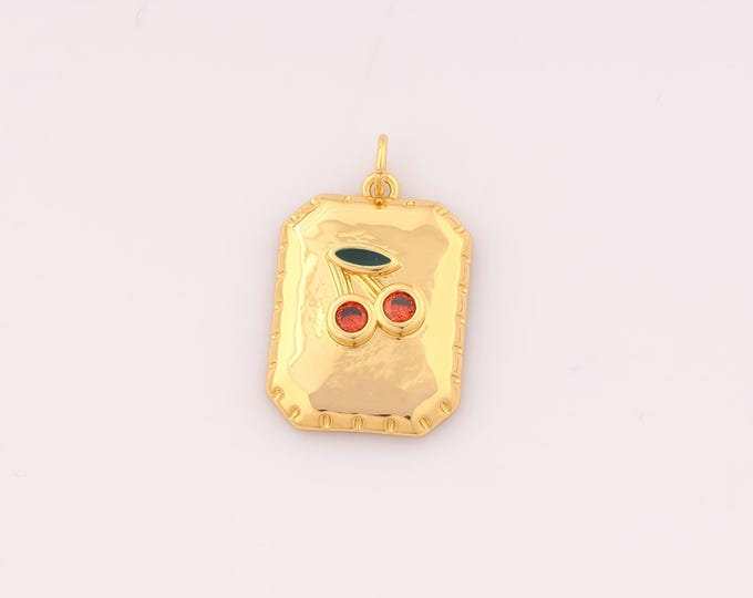 1 pcs Gold Enamel Cherry Pendant,18K Gold Filled Fruit Charm,CZ Square Charms DIY Bracelet Necklace Jewelry Making Findings Supply