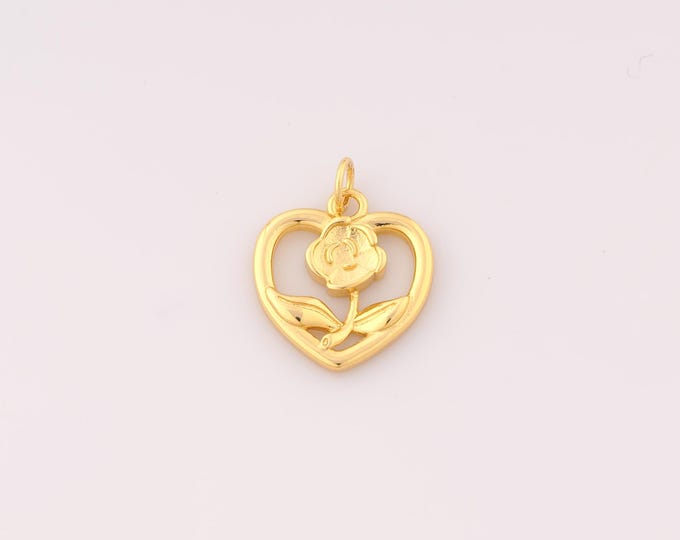 1 pcs Gold Heart Pendant,18K Gold Filled Rose Charm,Flower Charms DIY Bracelet Necklace Jewelry Making Findings Supply