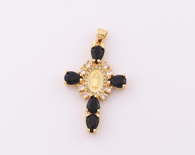 1 pcs Gold CZ Cross Pendant,18K Gold Filled Religion Charm,Virgin Mary Charm DIY Bracelet Necklace Jewelry Making Findings Supply