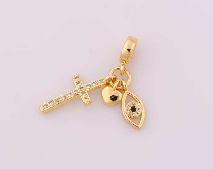 1 pcs Gold CZ Cross Pendant,18K Gold Filled Heart Charm,Evil Eye Charm DIY Bracelet Necklace Jewelry Making Findings Supply