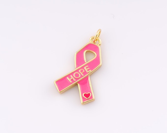 Gold Enamel Breast Cancer Awareness Silk Ribbon Pendant,18K Gold Filled Heart Charm DIY Bracelet Necklace Jewelry Making Findings Supply