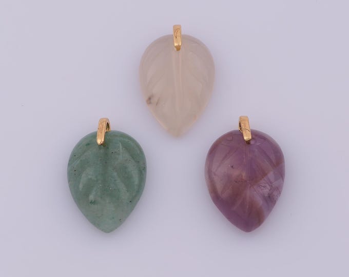 1 pcs Natural Stone Pendant,18K Gold Filled Energy Stone Charm,CZ Leaf Gemstone Charms DIY Bracelet Necklace Jewelry Making Findings Supply