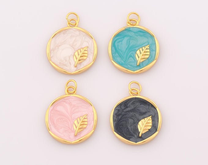 1 pcs Gold Enamel Leaf Pendant,18K Gold Filled Round Charm,Leaf Charms DIY Bracelet Necklace Jewelry Making Findings Supply