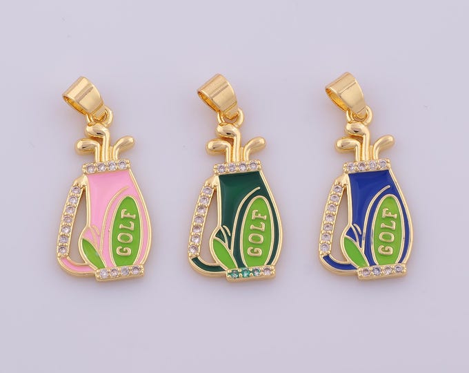 1 pcs Gold Enamel Golf Club Pendant,18K Gold Filled Golf Charm,CZ Golf Bag Charms DIY Bracelet Necklace Jewelry Making Findings Supply