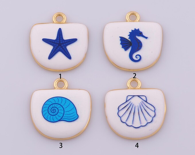 1 pcs Enamel Seahorse Shell Pendant,18K Gold Filled Marine Life Charm,Snail Shell Starfish Charms DIY Necklace Jewelry Making Finding Supply