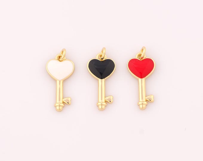 1 pcs Gold Enamel Key Pendant,18K Gold Filled Heart Charm,Key Charms DIY Bracelet Necklace Jewelry Making Findings Supply