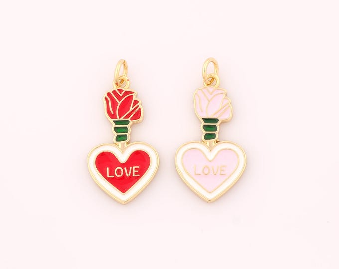1 pcs Gold Enamel Flower Pendant,18K Gold Filled Heart Charm,LOVE Charms DIY Bracelet Necklace Jewelry Making Findings Supply
