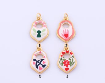 1 pcs Gold Enamel Heart Lock Pendant,18K Gold Filled Flower Charm,Bow and Arrow Charms DIY Bracelet Necklace Jewelry Making Findings Supply