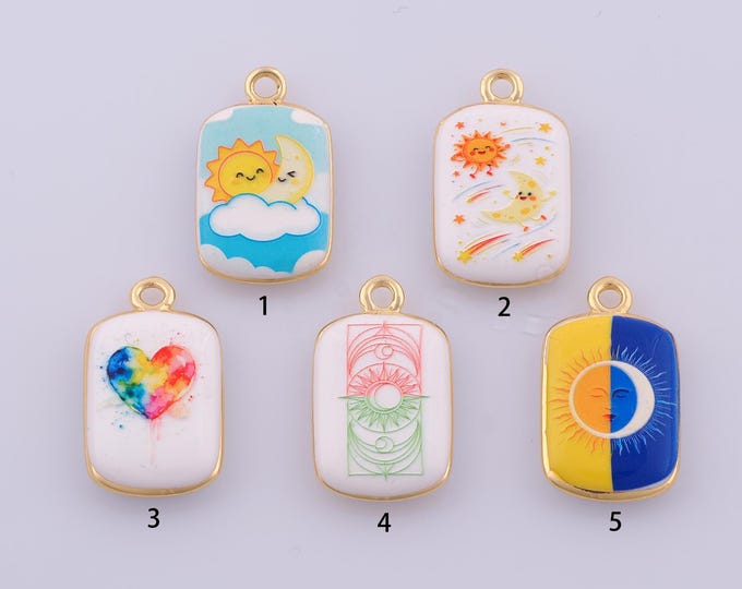 1 pcs Gold Enamel Sun Moon Pendant,18K Gold Filled Celestial Charm,Heart Charms DIY Bracelet Necklace Jewelry Making Findings Supply