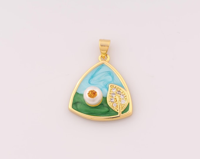 1 pcs Gold Enamel Leaf Pendant,18K Gold Filled Landscape Charm,CZ Triangle Charms DIY Bracelet Necklace Jewelry Making Findings Supply