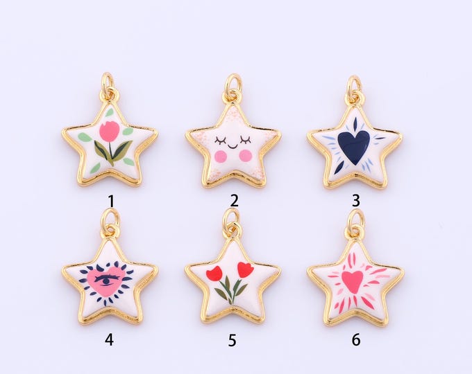 1 pcs Gold Enamel Star Pendant,18K Gold Filled Heart Flower Charm,Starburst Charms DIY Bracelet Necklace Jewelry Making Findings Supply