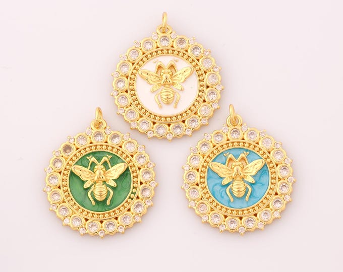 1 pcs Gold Enamel Bee Pendant,18K Gold Filled Bee Charm,CZ Bee Charms DIY Bracelet Necklace Jewelry Making Findings Supply