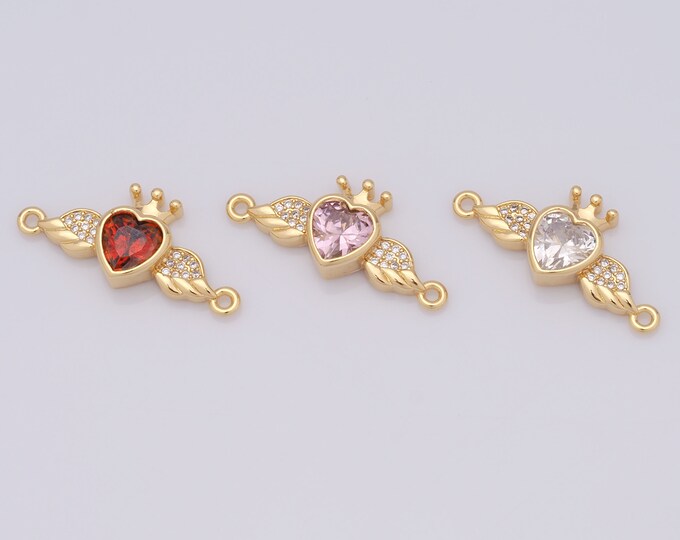 1 pcs Gold Heart Connector,18K Gold Filled CZ Wing Connector,Crown Connector DIY Bracelet Necklace Jewelry Making Findings Supply