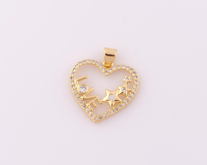 1 pcs Gold CZ LOVE Pendant,18K Gold Filled Heart Charm,Star Charm DIY Bracelet Necklace Jewelry Making Findings Supply