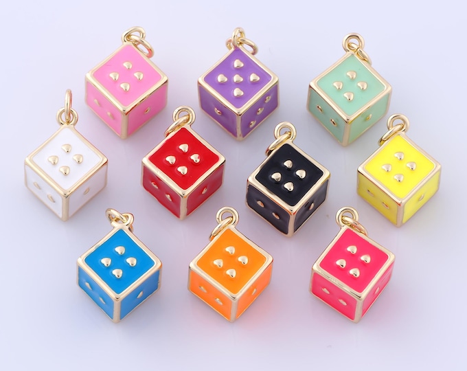1 pcs Gold Enamel Dice Pendant,18K Gold Filled Heart Charm Dice Charms,DIY Bracelet Necklace Jewelry Making Findings Supply