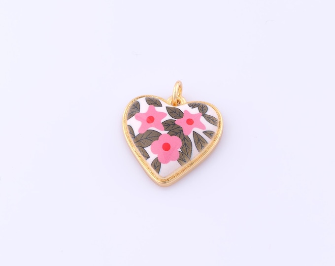 1 pcs Gold Enamel Cherry Blossom Pendant,18K Gold Filled Heart Charm,Flower Charms DIY Bracelet Necklace Jewelry Making Findings Supply