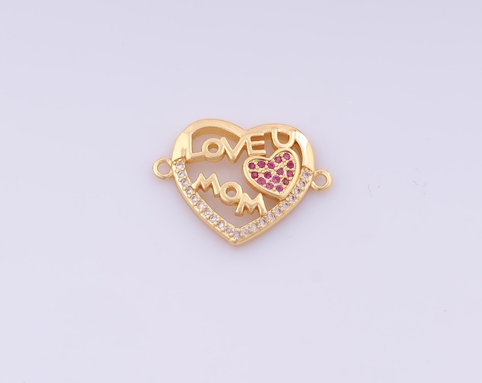 1 pcs Gold CZ MOM Connector,18K Gold Filled Heart Connector,Letter Connector DIY Bracelet Necklace Jewelry Making Findings Supply