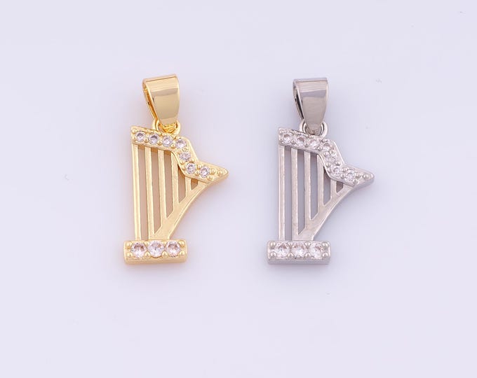1 pcs Gold CZ Harp Pendant,18K Gold Filled Harp Charm,Harp Charms DIY Bracelet Necklace Jewelry Making Findings Supply